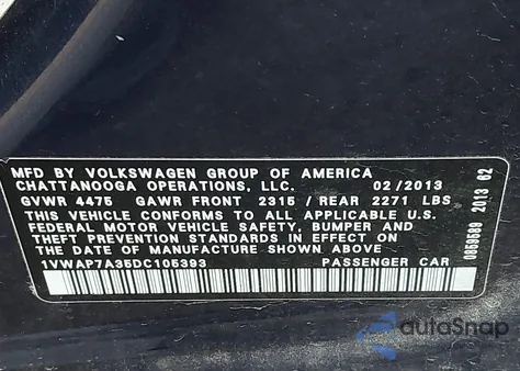 2013 Volkswagen Passat 2.5L S from USA, damaged, VIN 1VWAP7A35DC105393